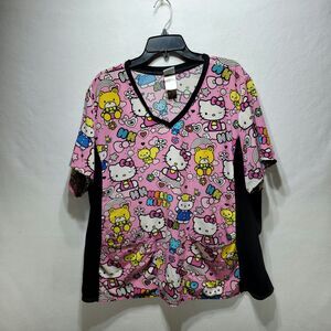 Hello Kitty Women Scrub Top xl Pink Graphic Hello Kitty V-Neck